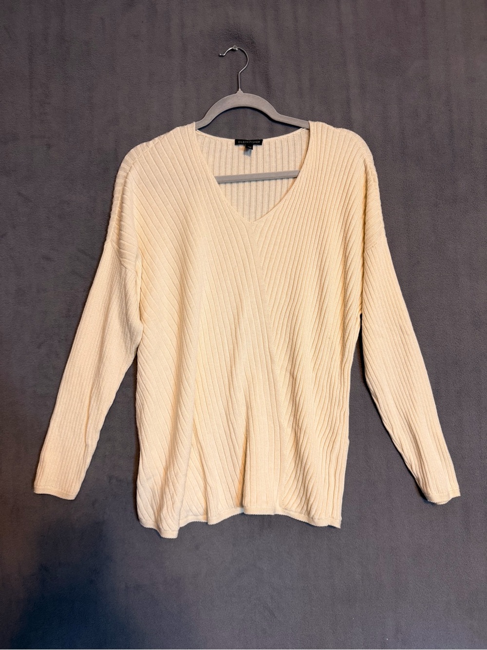 Eileen Fisher Ivory Ribbed V-Neck Sweater Tencel Organic Cotton Silk Size L